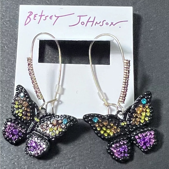 NWT 🖤🦋🖤 Betsey Johnson Pavé Butterfly Earrings Black Multicolor Crystals - Picture 12 of 16